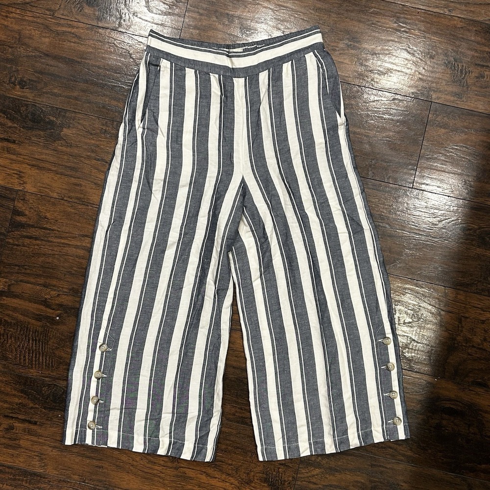 Madewell Huston Pull On Linen Blend Crop Pants Blue/White Stripe Women's Large